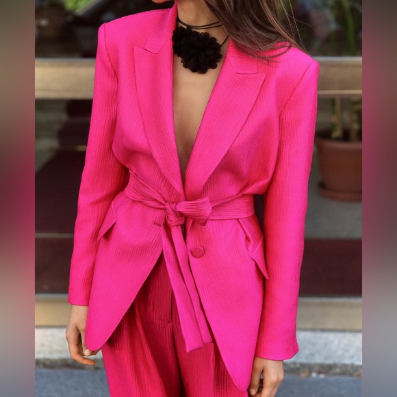 Zara Jackets & Blazers - ZARA Belted HOT PINK FUCHSIA Blazer with Tuxedo Collar Size: Small